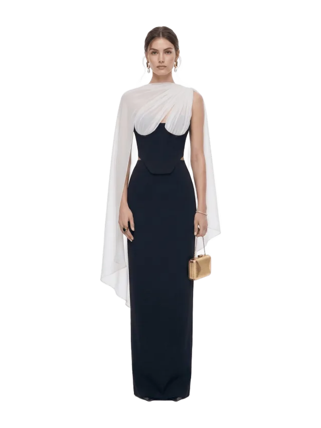 JW Pei Strapless Corset Sheer Cape Top - Black & White