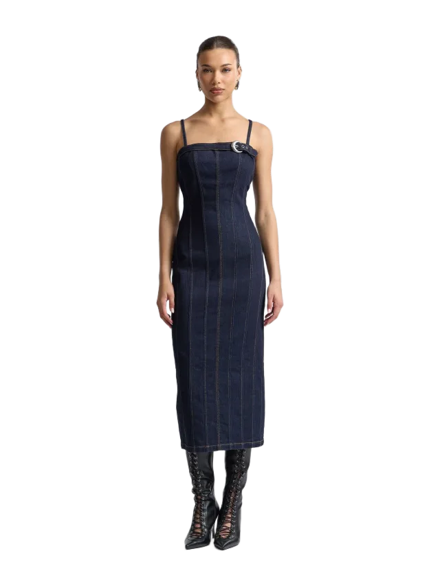 Avec Les Filles Stretch Denim Buckle Detail Midi Dress