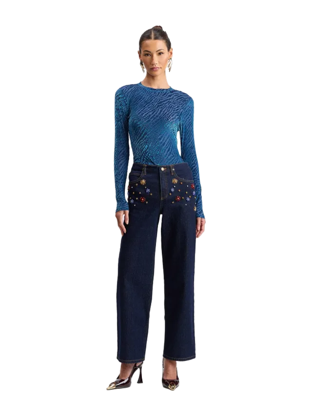 Stretch Denim Rhinestone-Embellished Wide-Leg Jeans