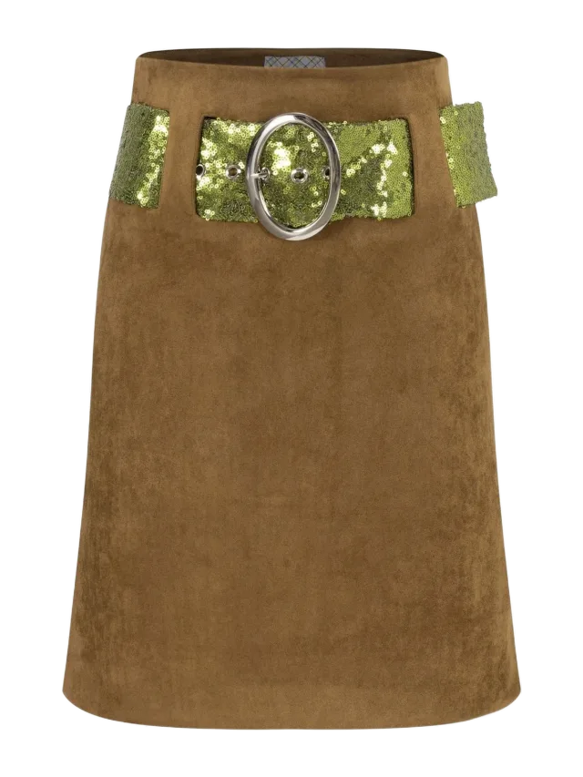 Taottao Suede Sequins Belted Wrap Skirt