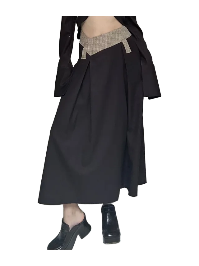 Aaizél TAILORED ANGLED WAIST LONG SKIRT in BISCUIT CHECK/BROWN