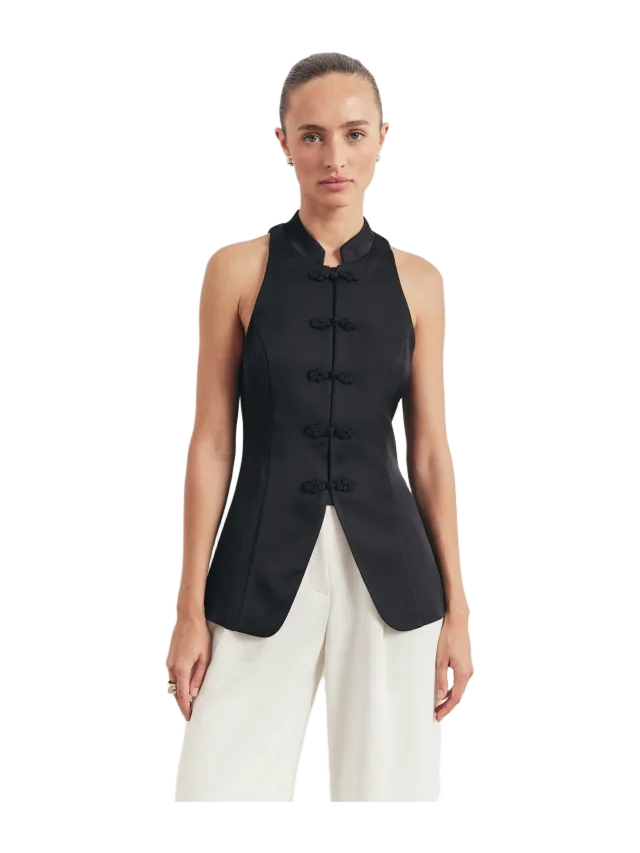 Because of Alice Tailored Satin Mandarin Collar Top - Black