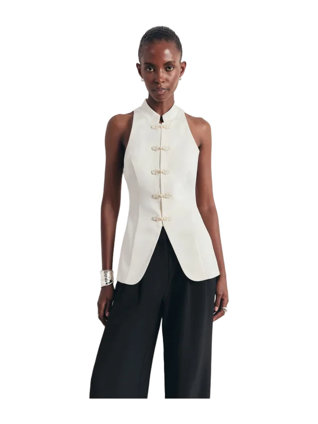 Because of Alice Tailored Satin Mandarin Collar Top - Ivory