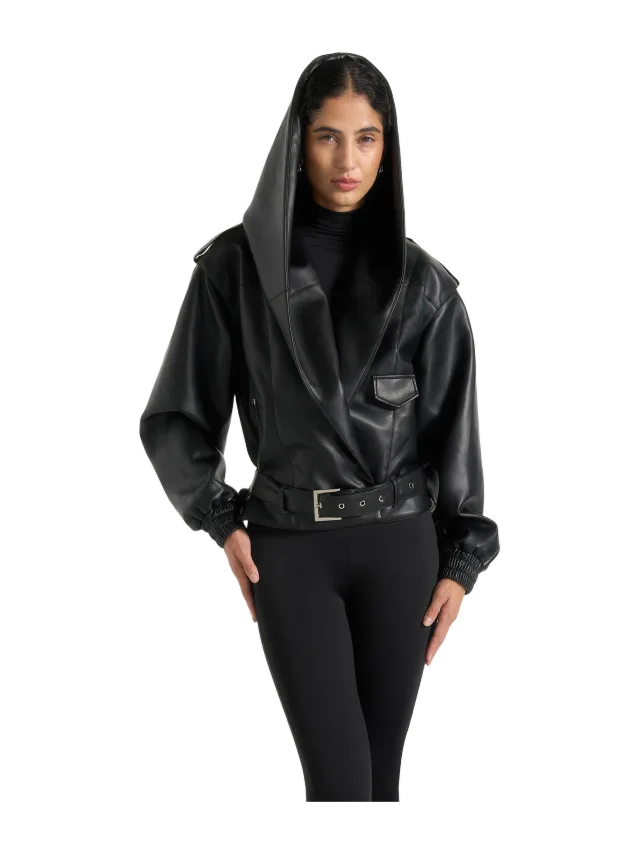 Manière de Voir Tamsin - Hooded Cropped Leather Jacket With Belt - Black