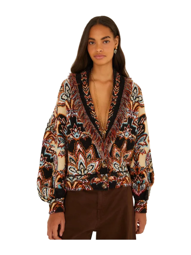 Farm Rio Tapestry Dream Fringe Knit Cardigan