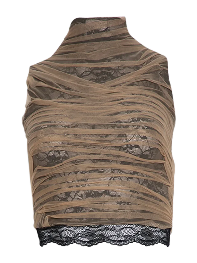Di Petsa Temptation High Neck Top NUDE MESH AND BLACK LACE