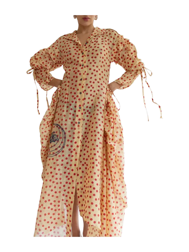 TIGRA TIGRA, Blockprint Dot Rucha Dress, Tea Stain Red w. Tiger Embroidery