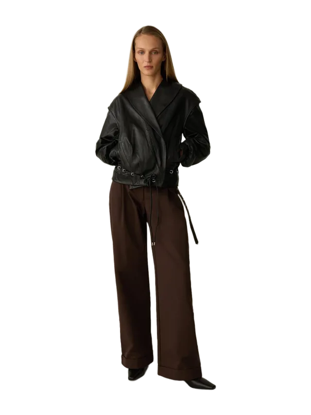Laagam TYRA REAL LEATHER BLACK BOMBER JACKET
