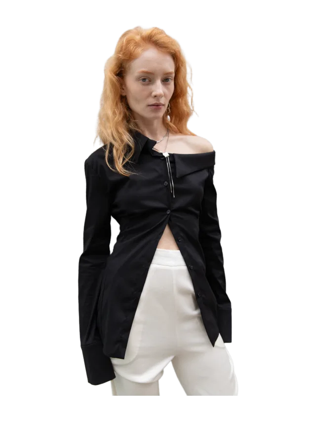 Aaizél UNBALANCED OPEN SHOULDER SHIRT in BLACK