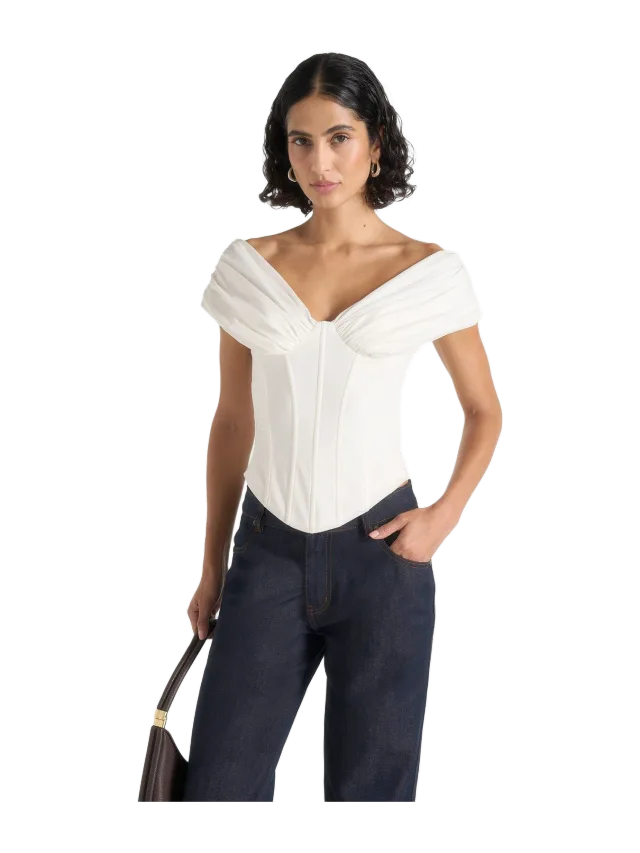 Manière de Voir Ursula - Off-Shoulder Pleated Cotton Corset Top - White