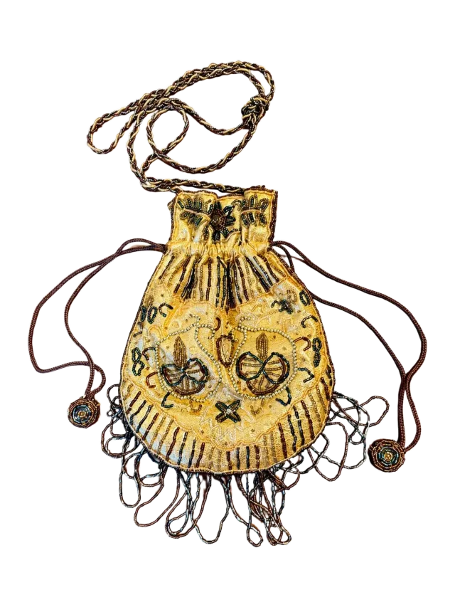 CatherineSimmsVtg Vintage Gold Beaded Drawstring Evening Bag, Metallic Beaded Handbag, Boho Fringe Evening Bag, Art Deco Inspired Pouch