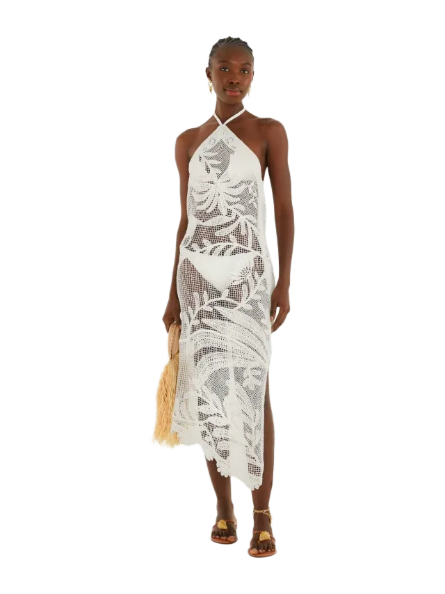 Farm Rio White Crochet Halter Neck Sheer Midi Dress