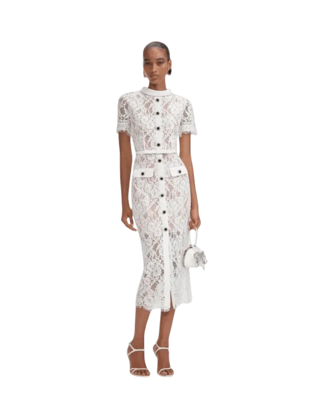 Self-Portrait White Lace Button Midi Dress