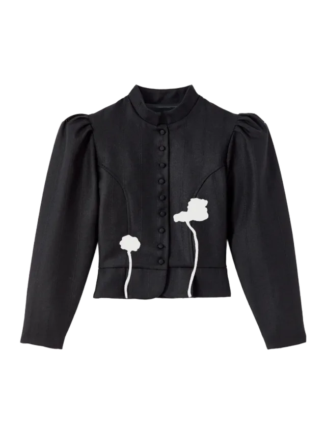 DESTREE Wool puff sleeves and floral embroidery jacket - Black