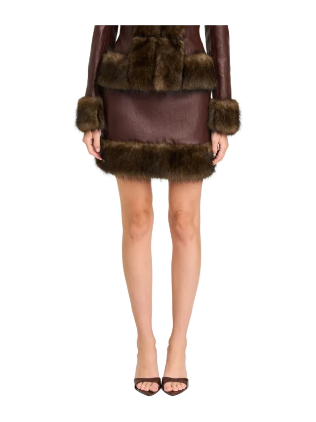 WAYF Lola Mercer Faux Fur Trim Faux Leather Miniskirt
