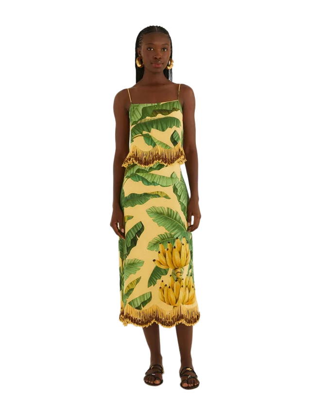 Yellow Fruit Leaves Banana Beaded Fringes Maxi Skirt