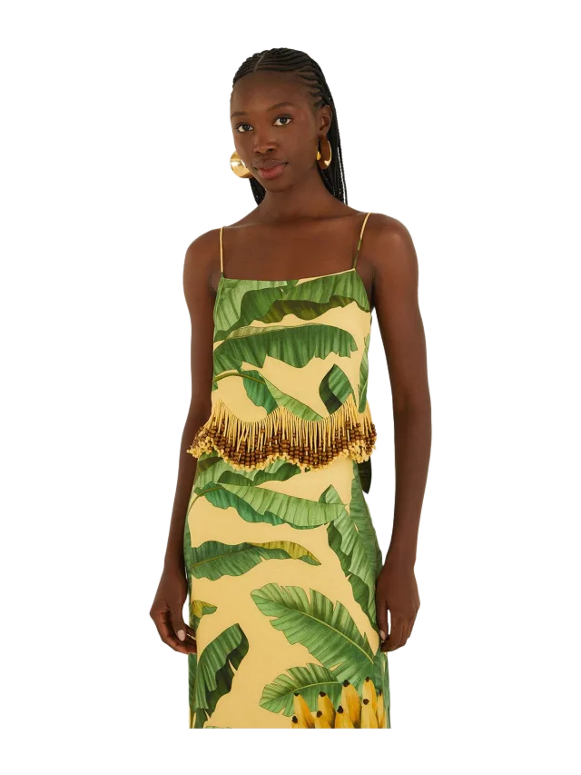 Yellow Fruit Leaves Banana Beaded Fringes Sleeveless Top