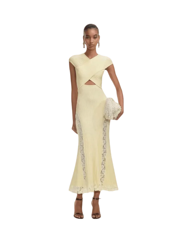 Self-Portrait Yellow Knit Lace Insert Midi Dress