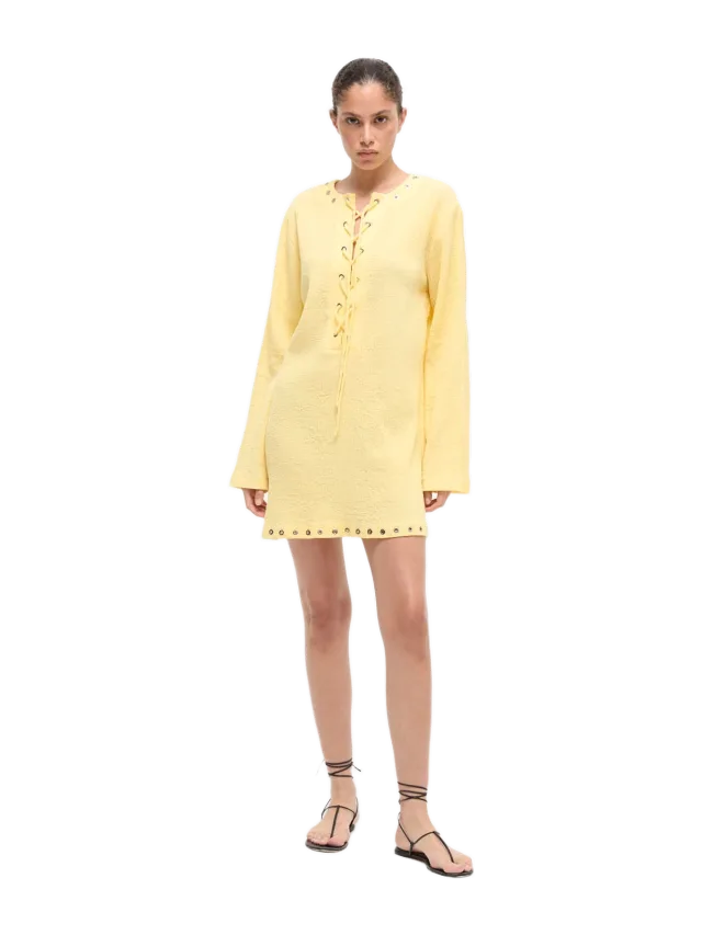Anim Yuki Crinkled Pale Yellow Dress With Drawstring Detail On The Front