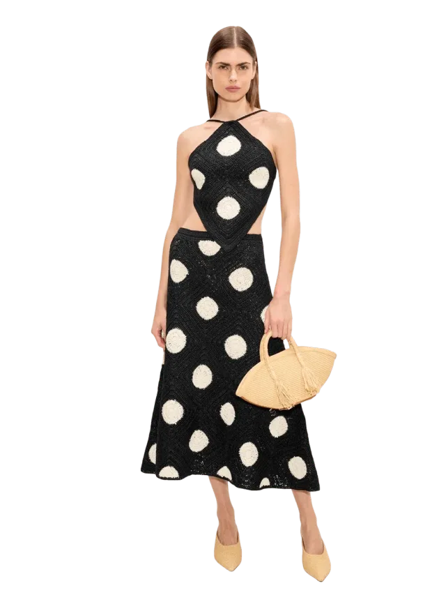 Zorah Crochet Skirt In Black/Macadamia Polka Dot