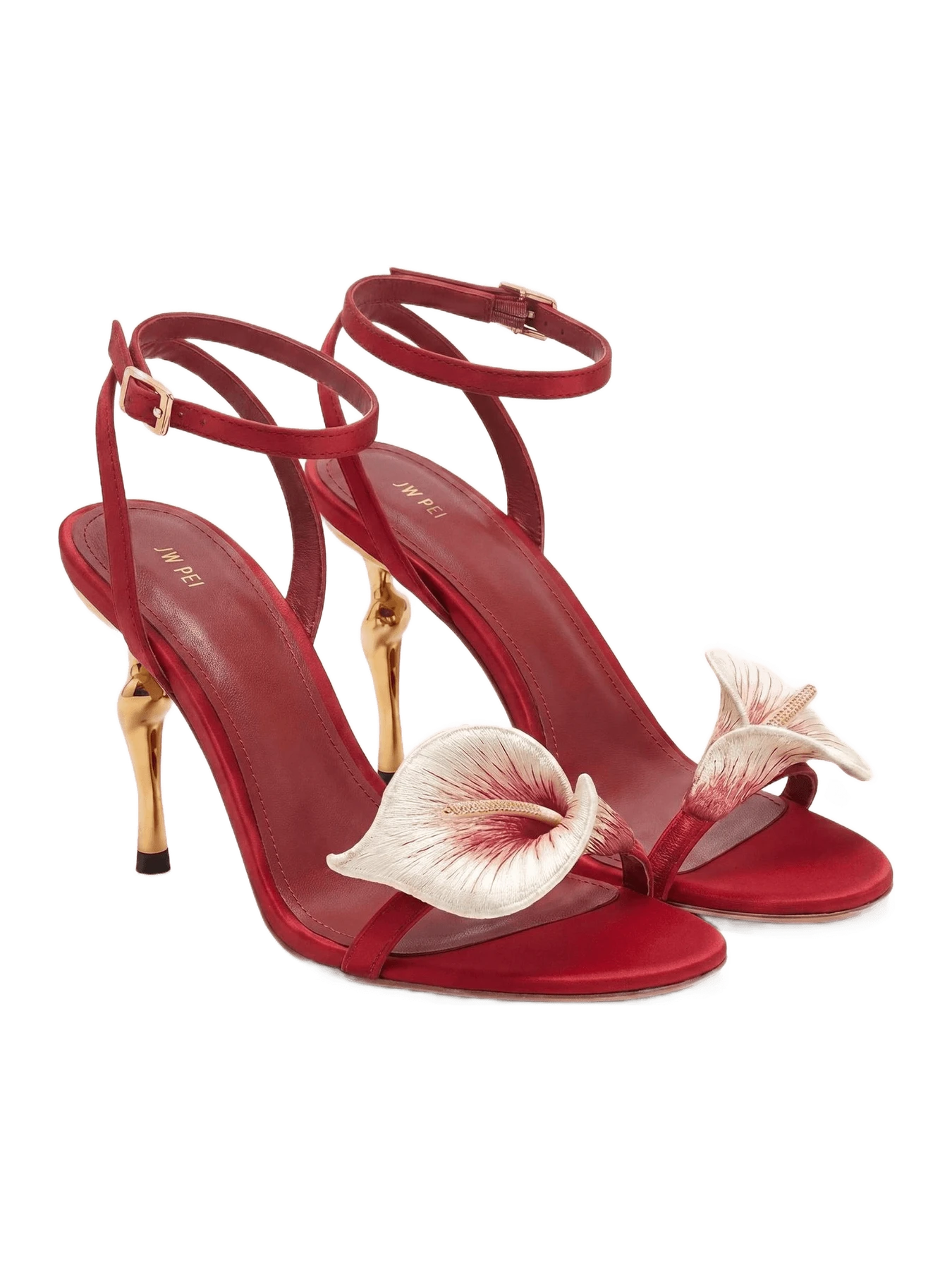 JW Pei Alivia Calla Lily Gold Metal Heel Sandals - Red