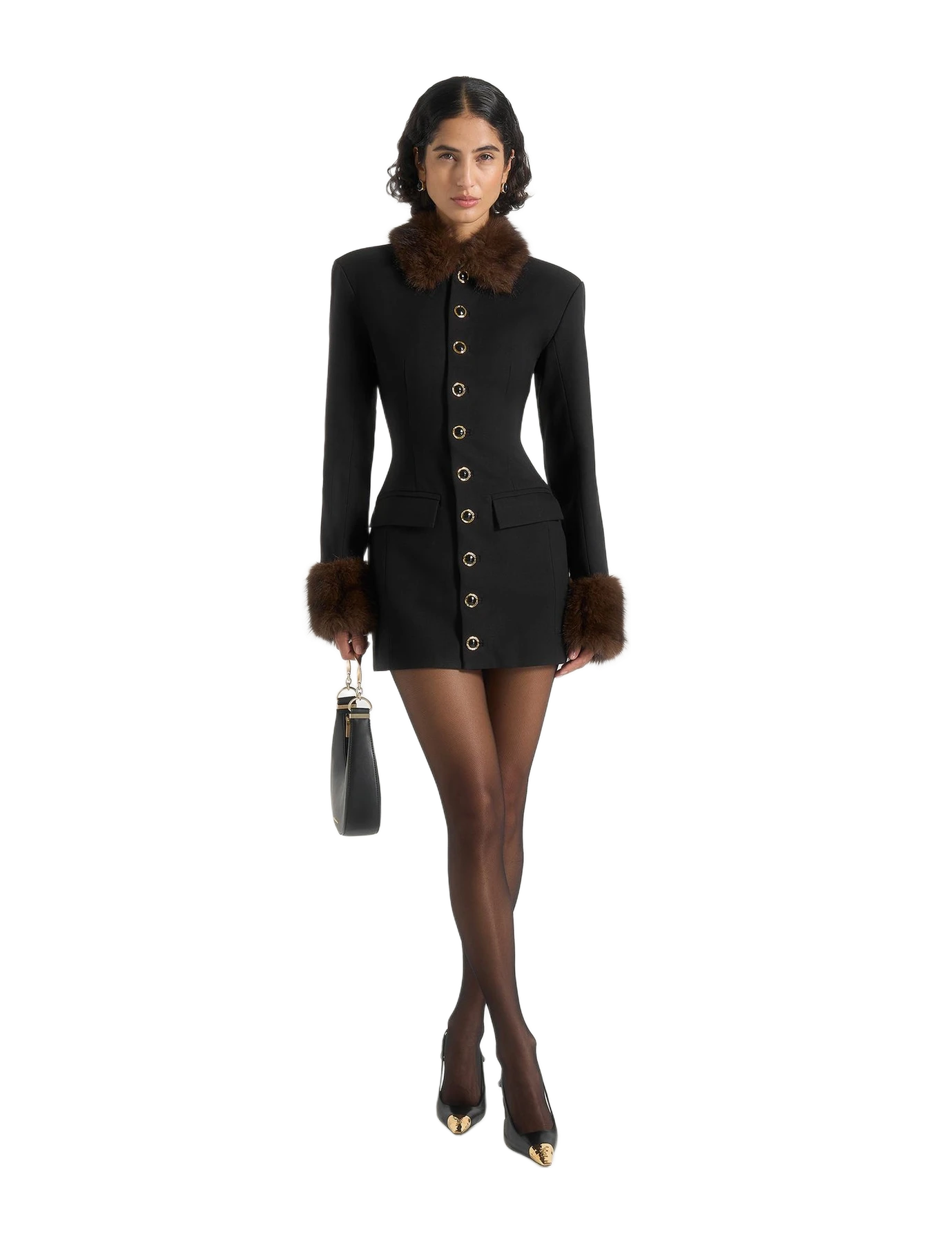 Manière de Voir Amelie - Wool-Blend Fur Trim Hourglass Blazer Dress - Black / Brown