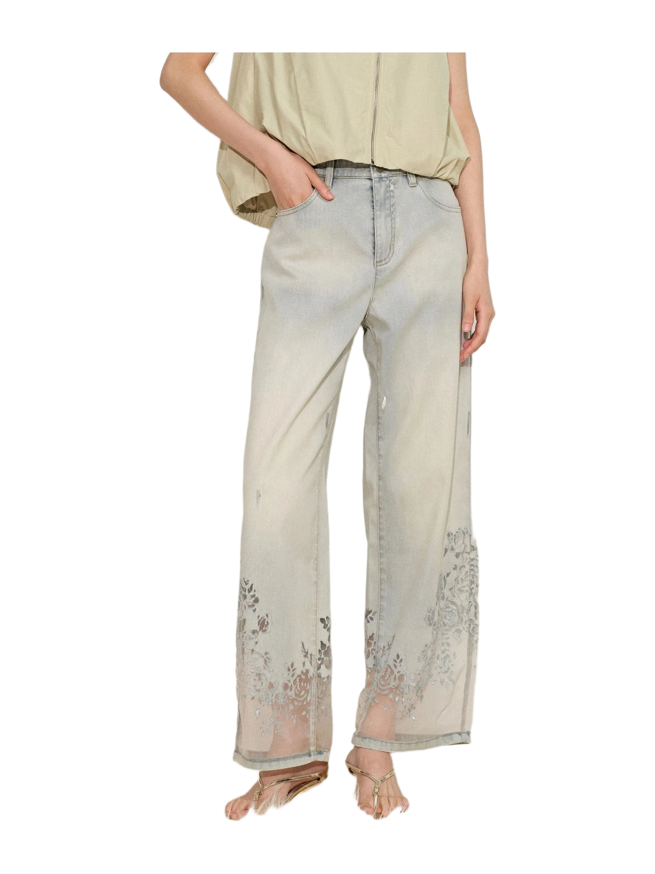 Fabrique Ariel Straight Cropped Jeans In Transparent Burnout Denim
