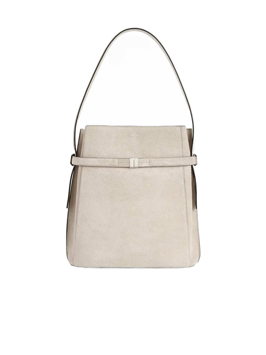 Totême Belted suede bucket bag pearl