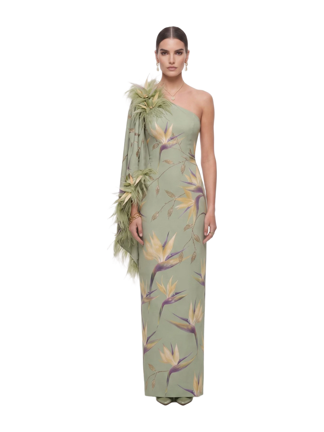 JW Pei Bird of Paradise Feather-Trim One-Shoulder Maxi Dress