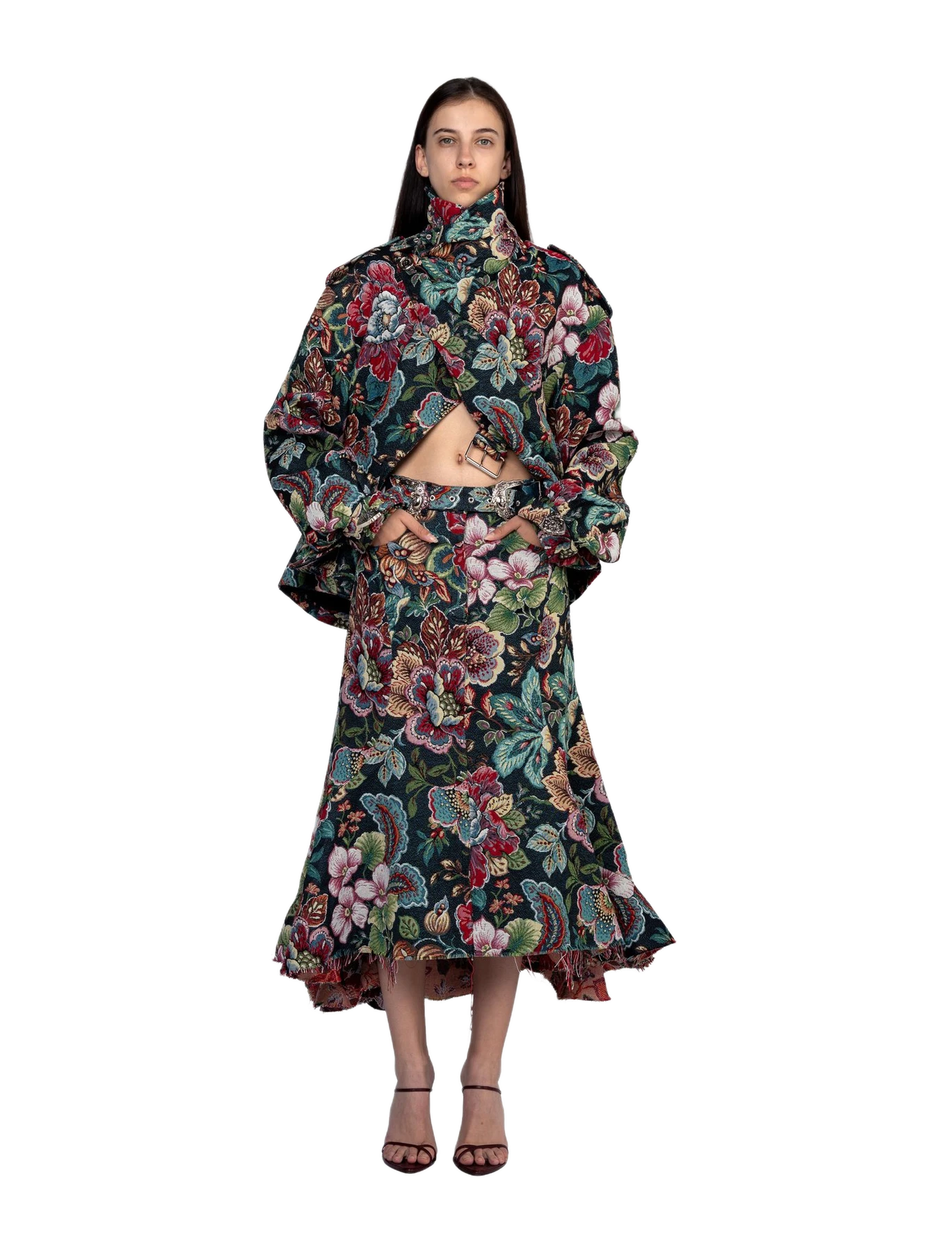 Marques' Almeida Black Brocade Midi Flare Skirt With Belt