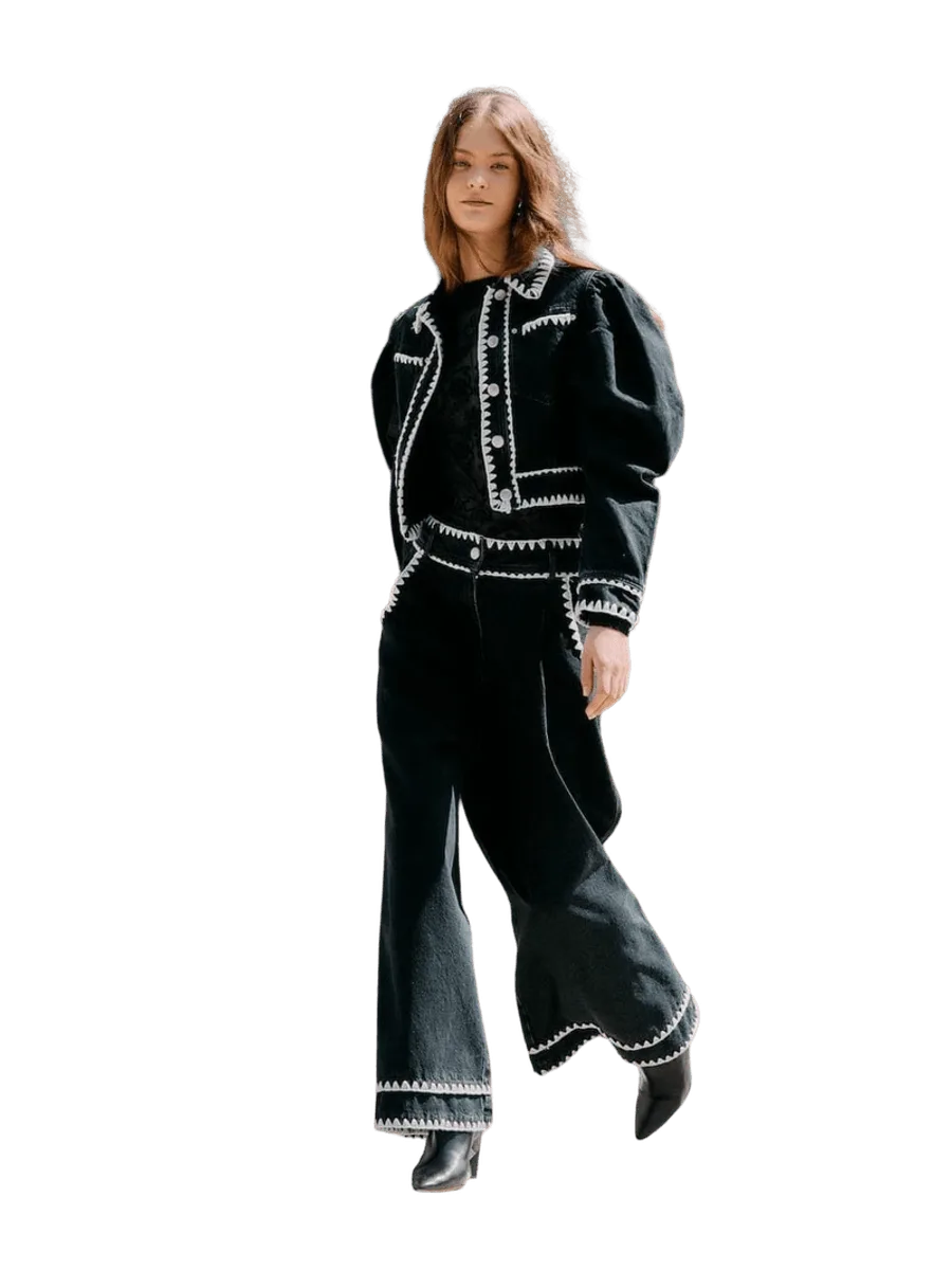 Farm Rio Black Crochet Embroidery Wide-Leg Denim Pants