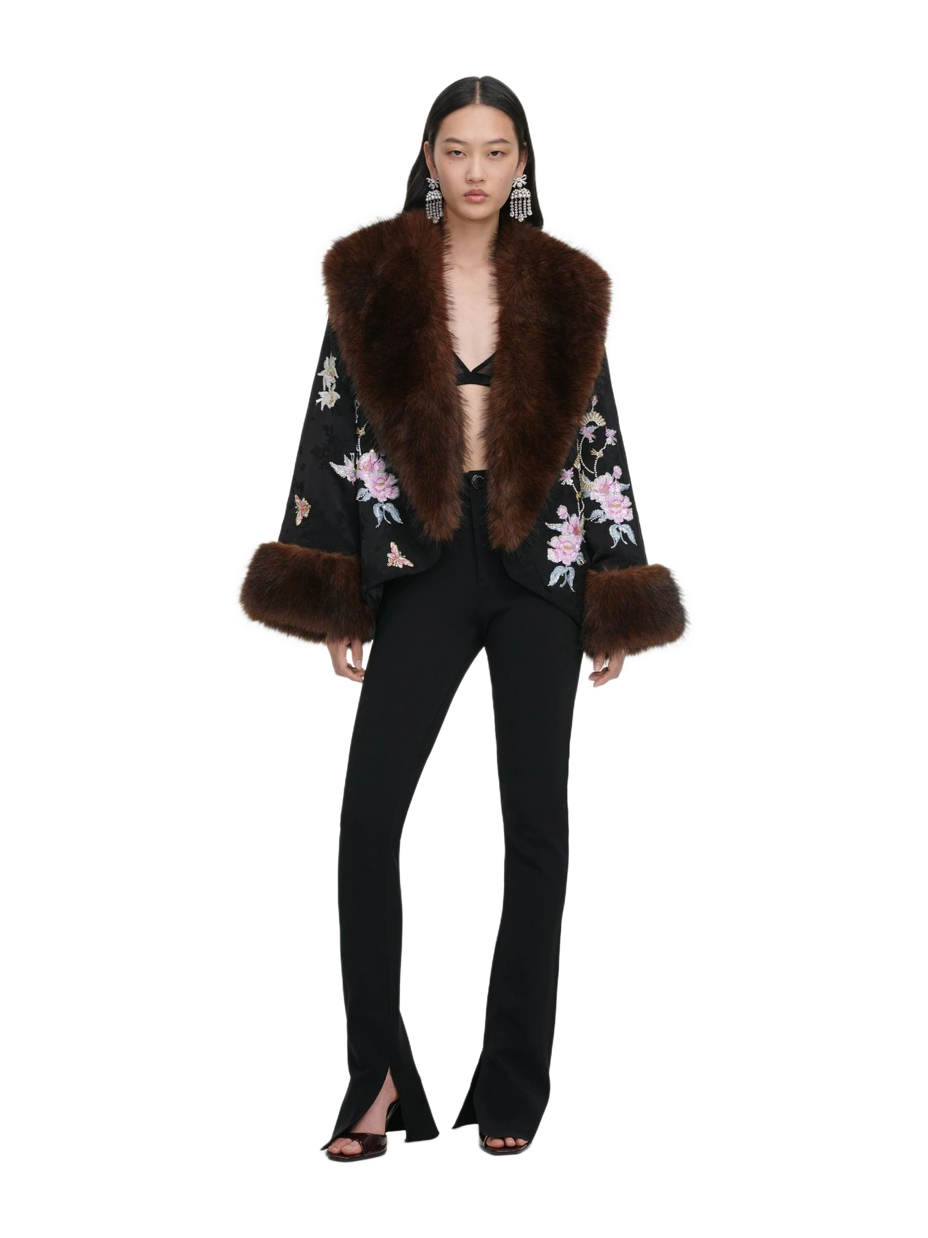 Self-Portrait Black Floral Jacquard Fur Collar Coat