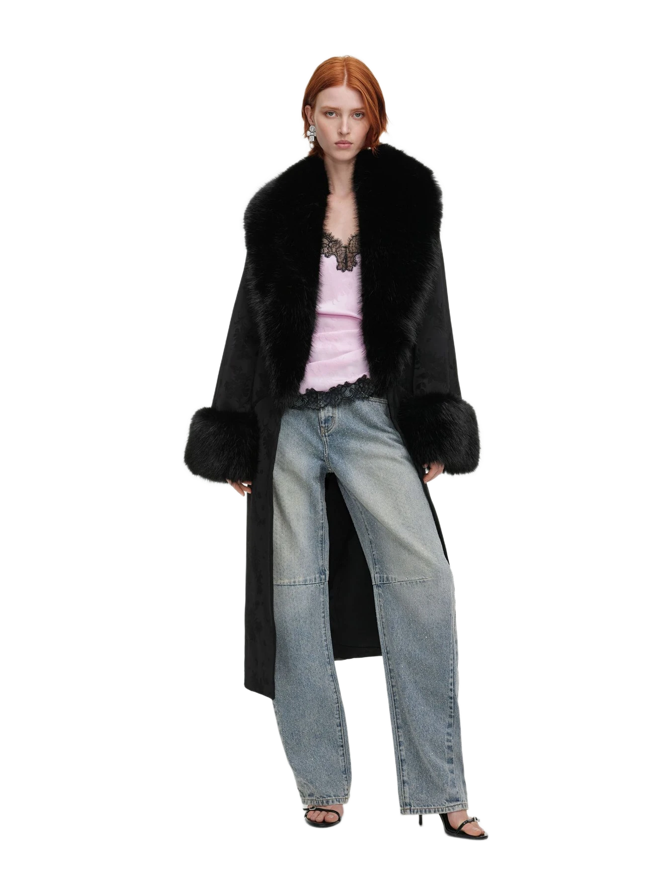 Self-Portrait Black Jacquard Fur Collar Coat