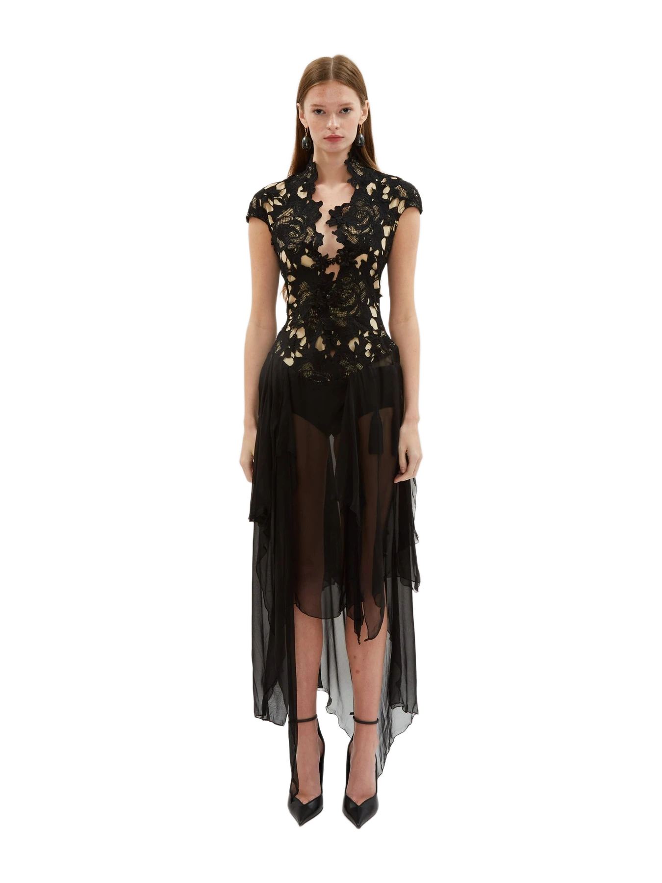 Kim Shui Black Lace Midi Dress With Sheer Skirt