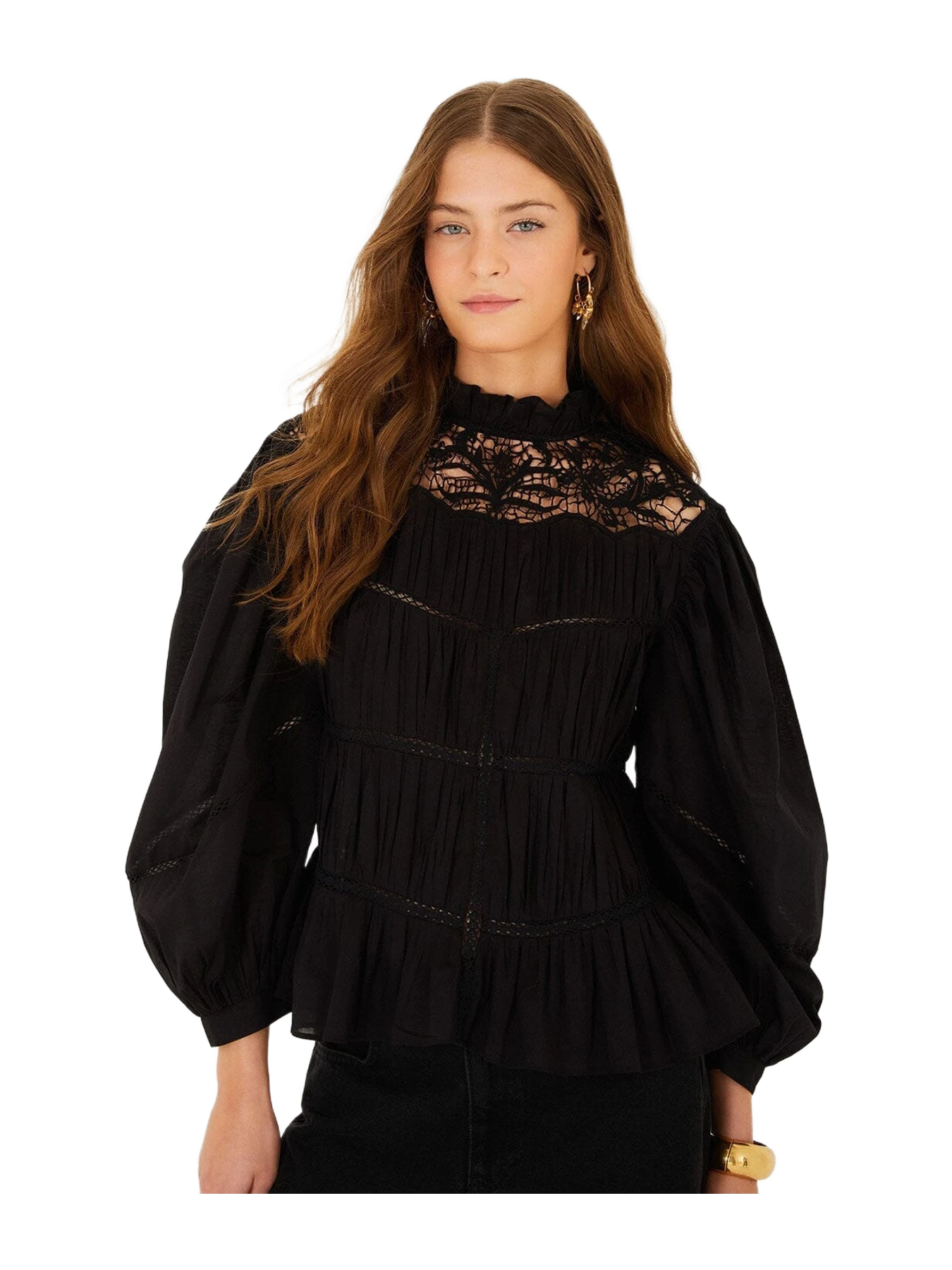 Farm Rio Black Lace Puff Sleeve Blouse