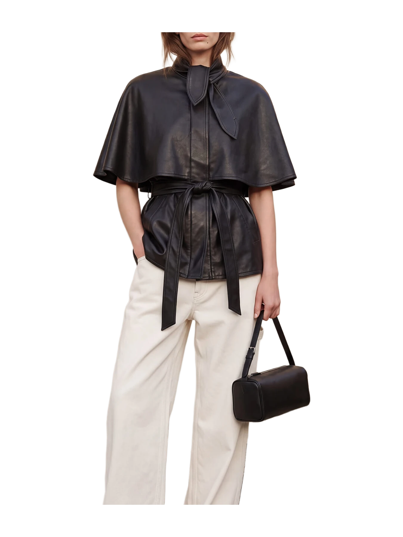 Pixie Market Black Leather Capelet Jacket With Neck Tie
