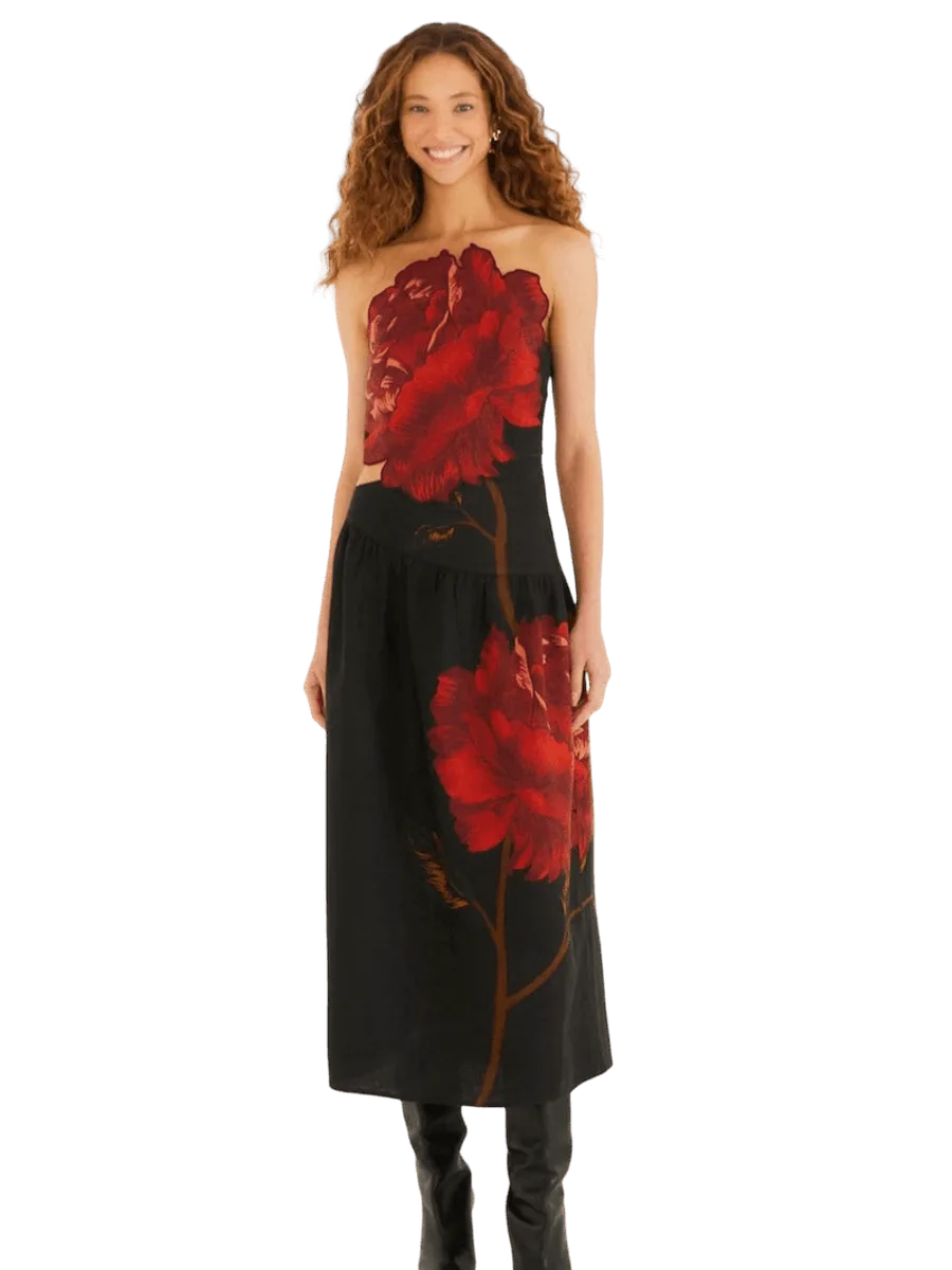 Farm Rio Black Rosalia Artisanal Lenzing™ Ecovero™ Euroflax™ Midi Dress
