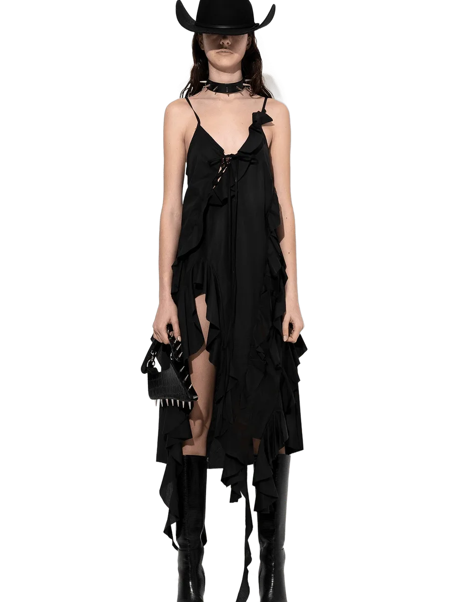 Marques' Almeida BLACK STRAP DRESS WITH ASYMMETRIC CASCADING FRILLS