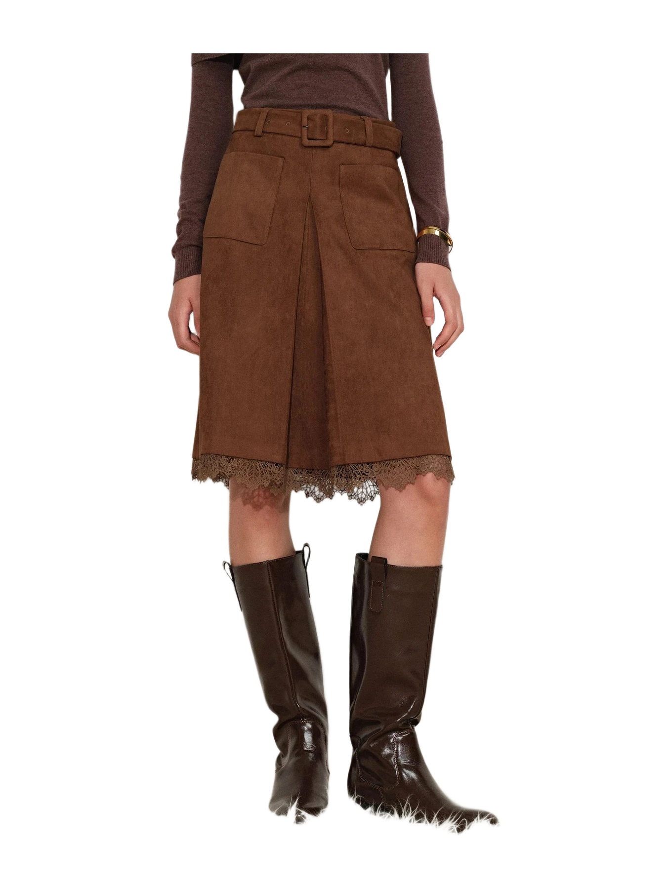 Fabrique Blake Lace Hem Skirt In Faux Suede