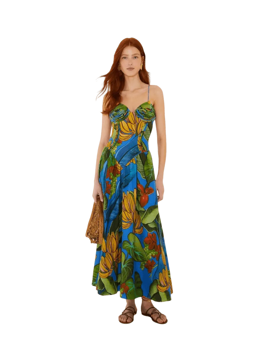 Farm Rio Blue Banana Grapes 3D Bodice Sleeveless Maxi Dress