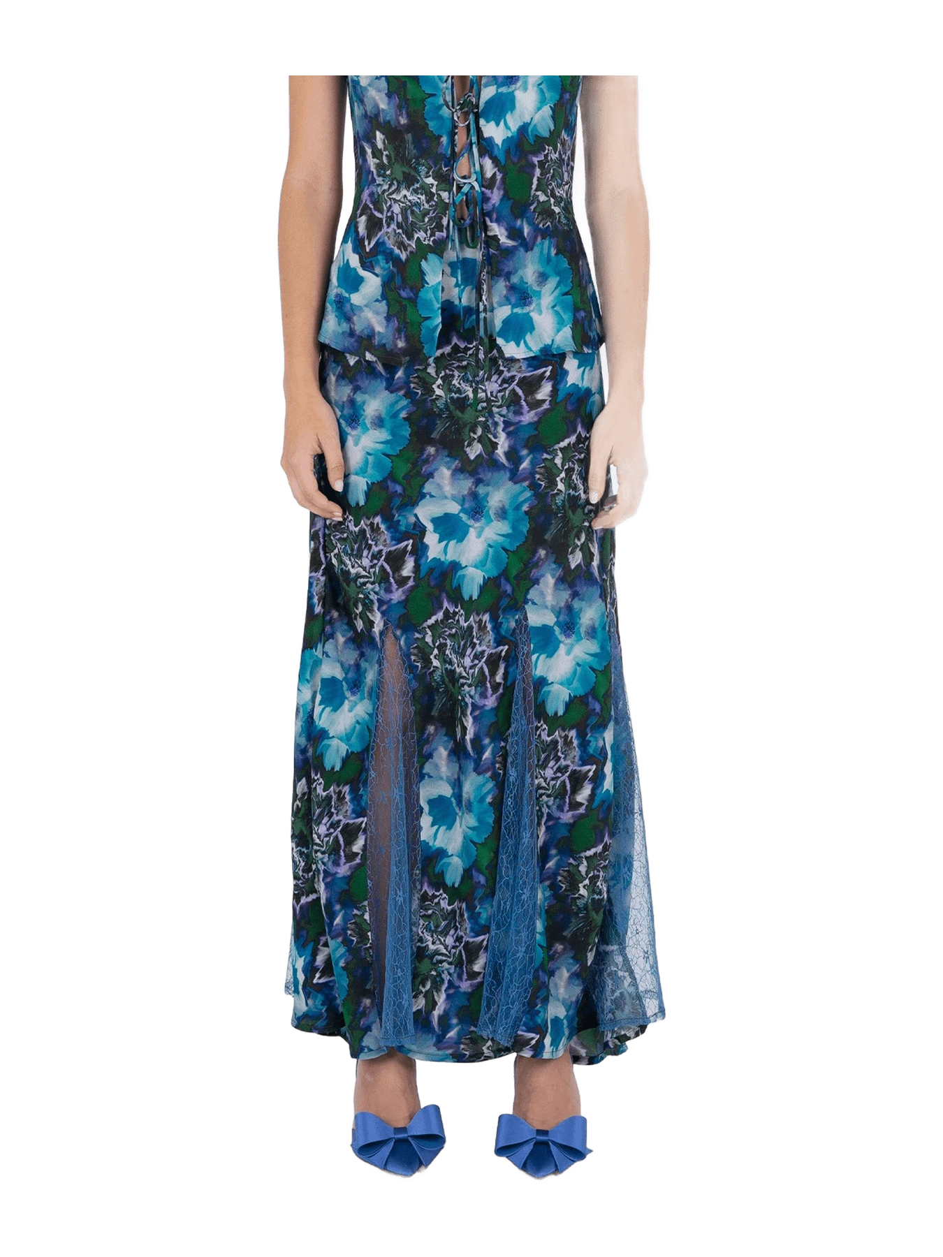 Carmen Says Blue Lotus Flower Print and Lace Skirt