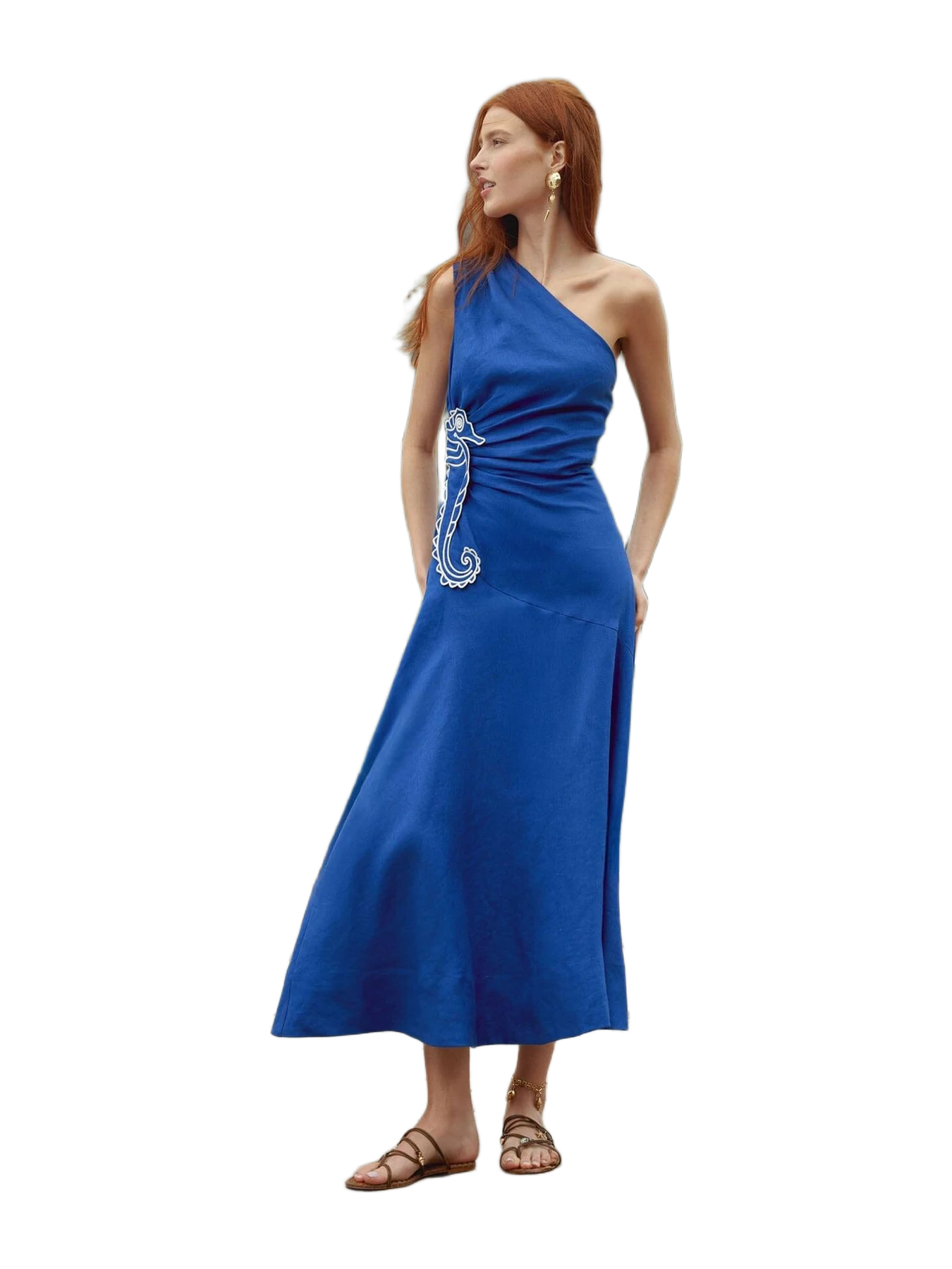 Farm Rio Blue Seahorse Embroidery One-Shoulder Maxi Dress