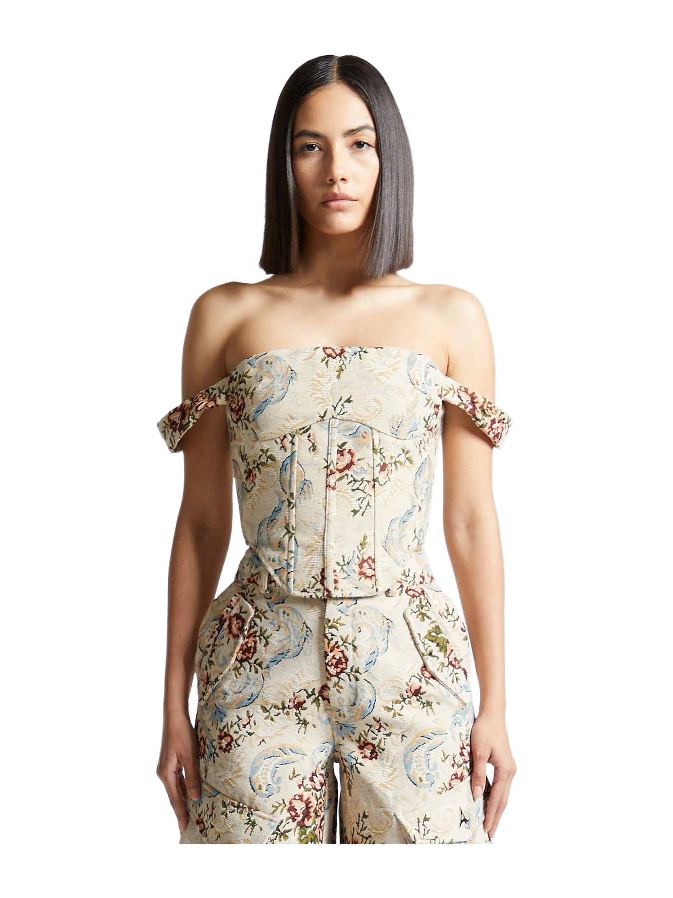 Manière de Voir Bonnie - Floral Jacquard Bardot Corset Top - Beige