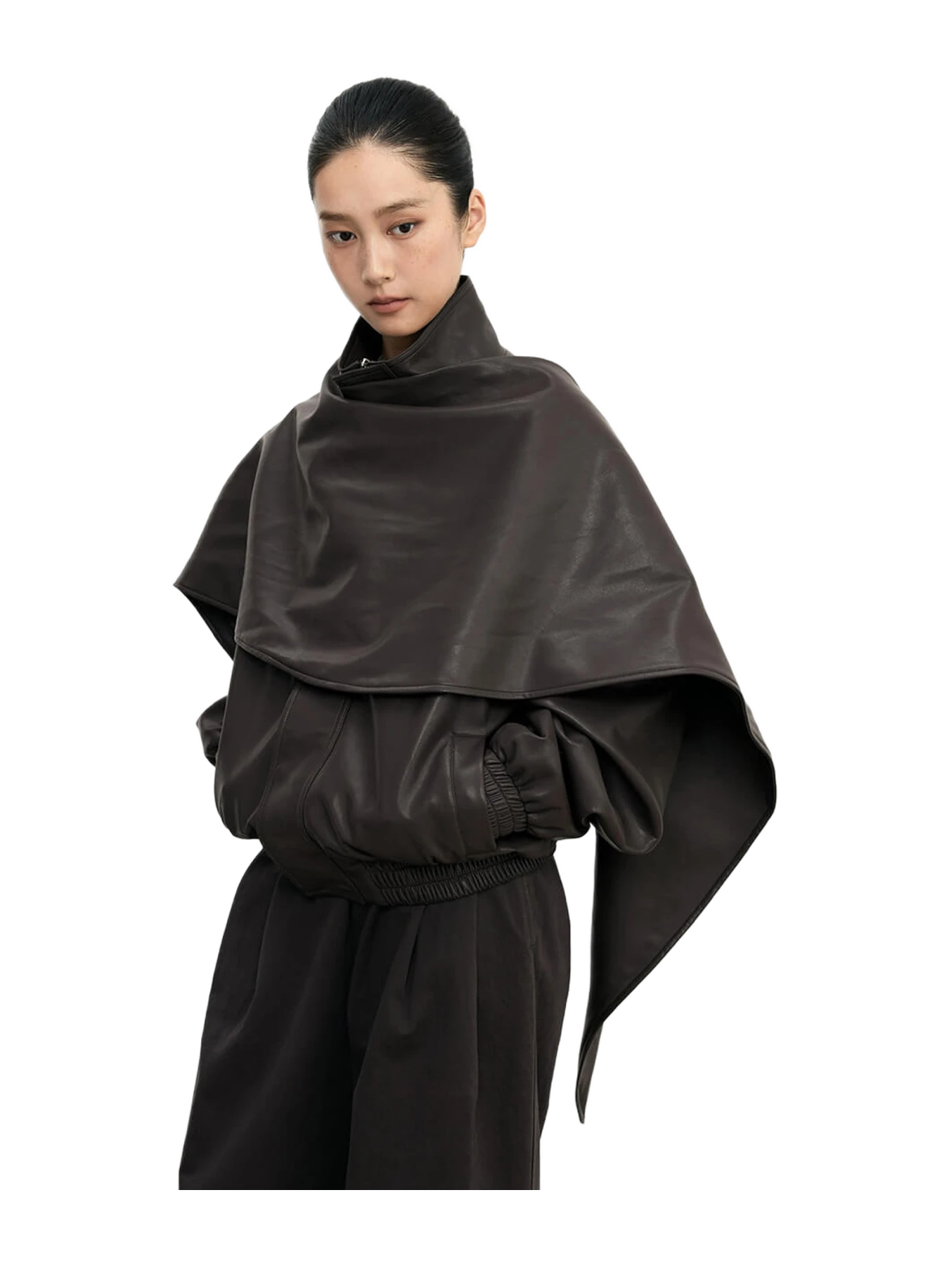 Pixie Market Brown Leather Scarf Bomber Jacket-Bestseller