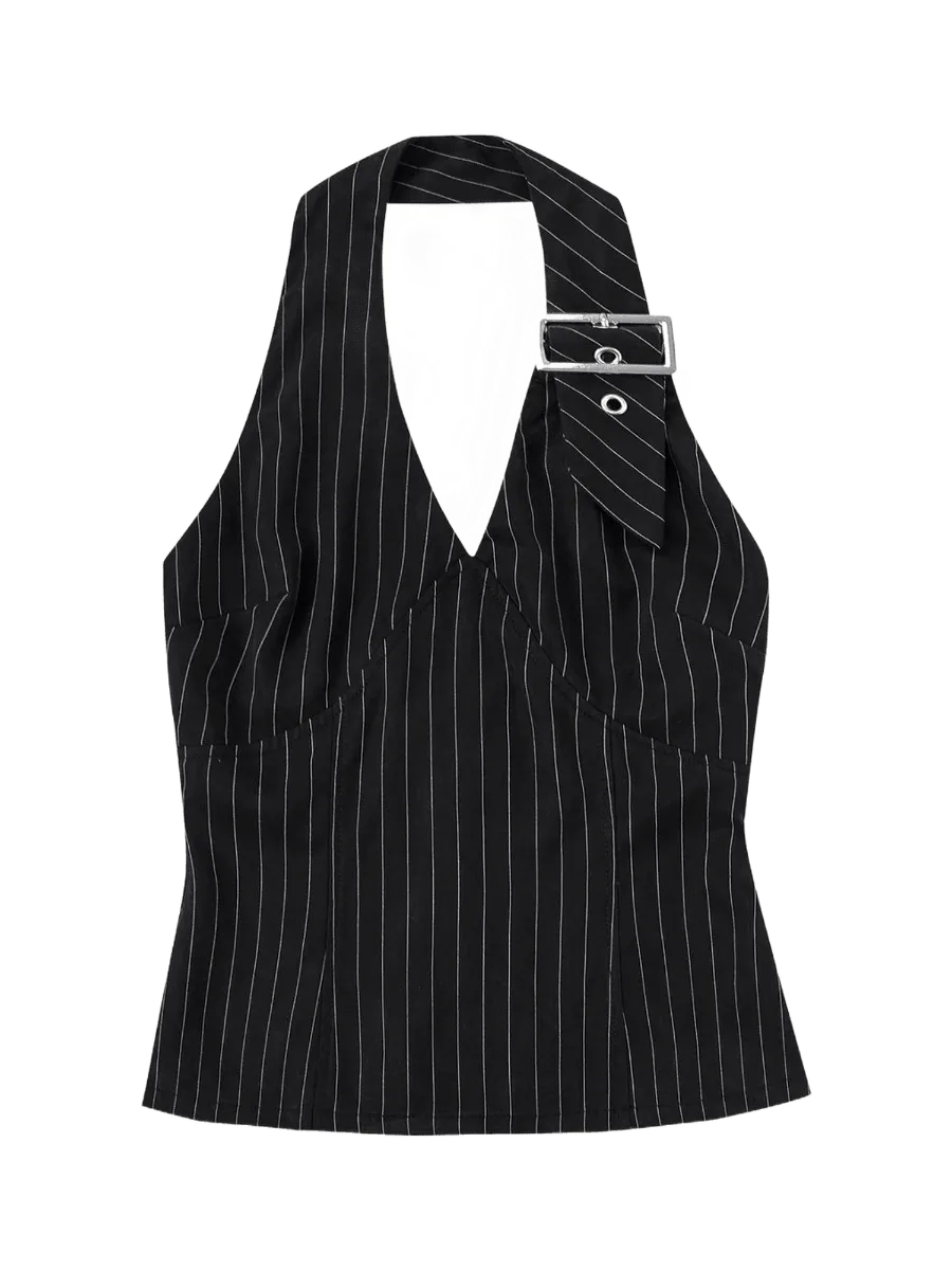 Fashion Brand Company Buckle Halter Top Tencel Stripe