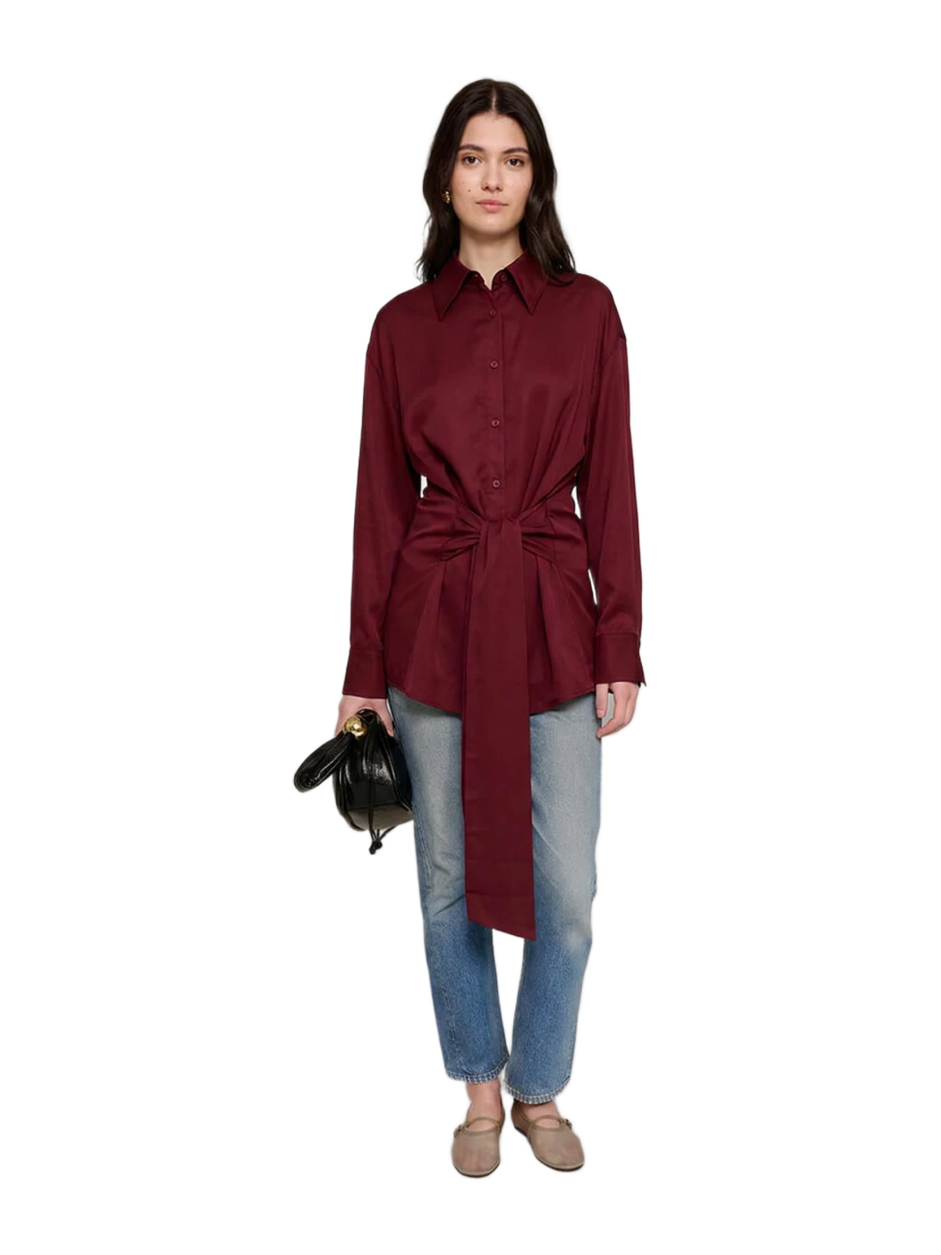 Pixie Market Burgundy Waist-Tie Tencel Shirt
