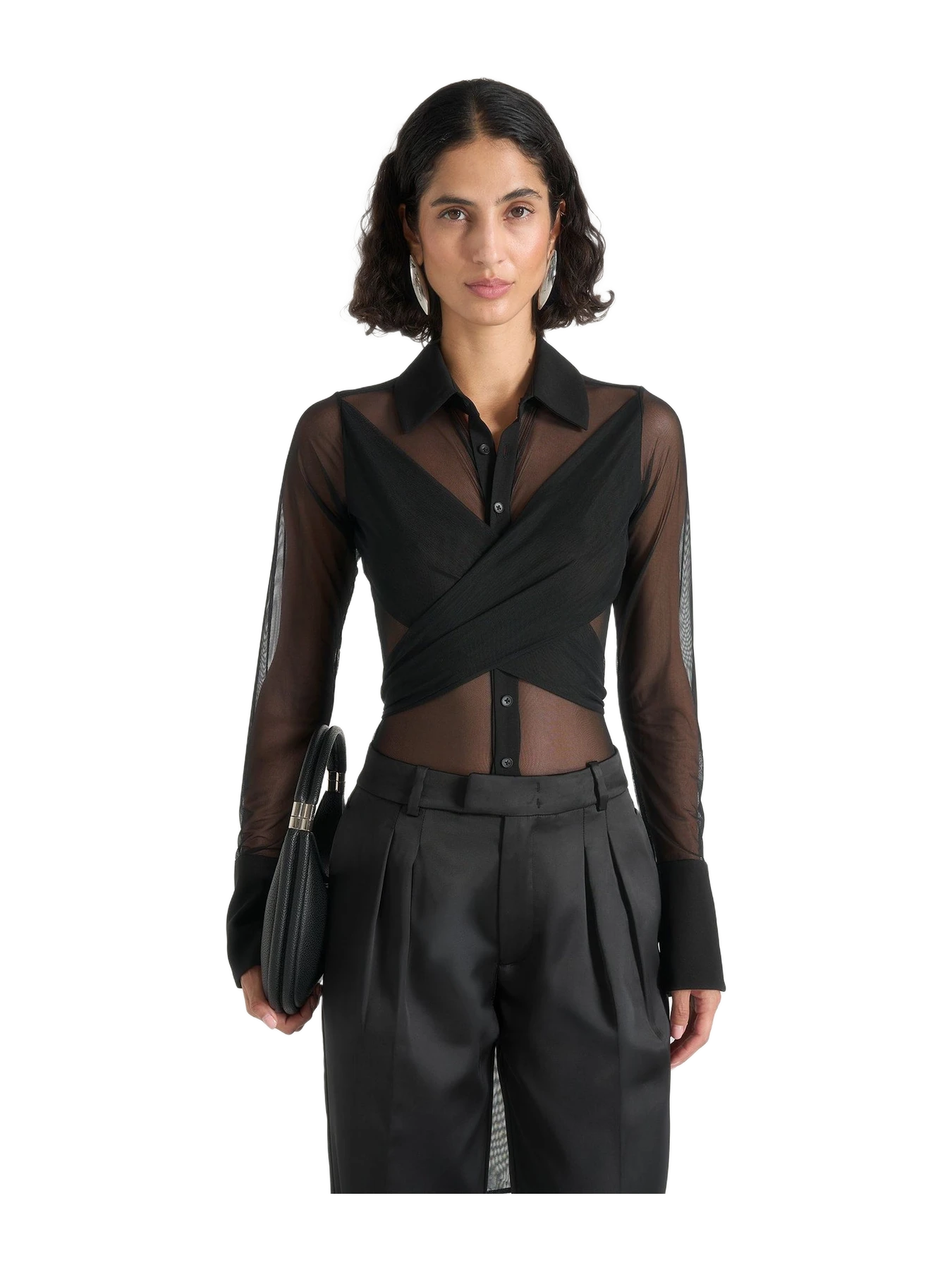 Manière de Voir Canelle - Sheer Crossover Shirt Bodysuit - Black