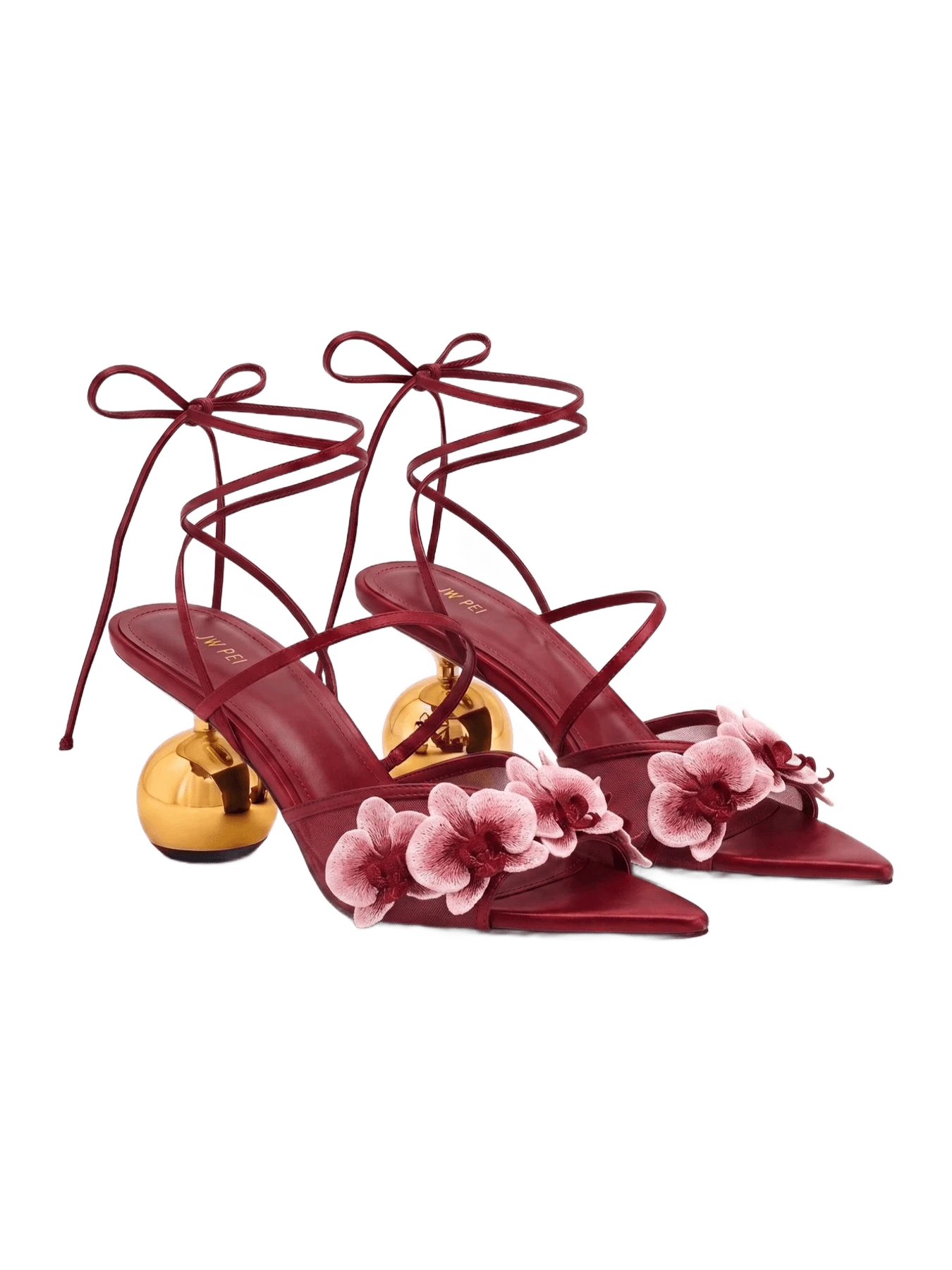 JW Pei Celia Orchid Embroidered Sphere Heel Lace-Up Sandals - Burgundy