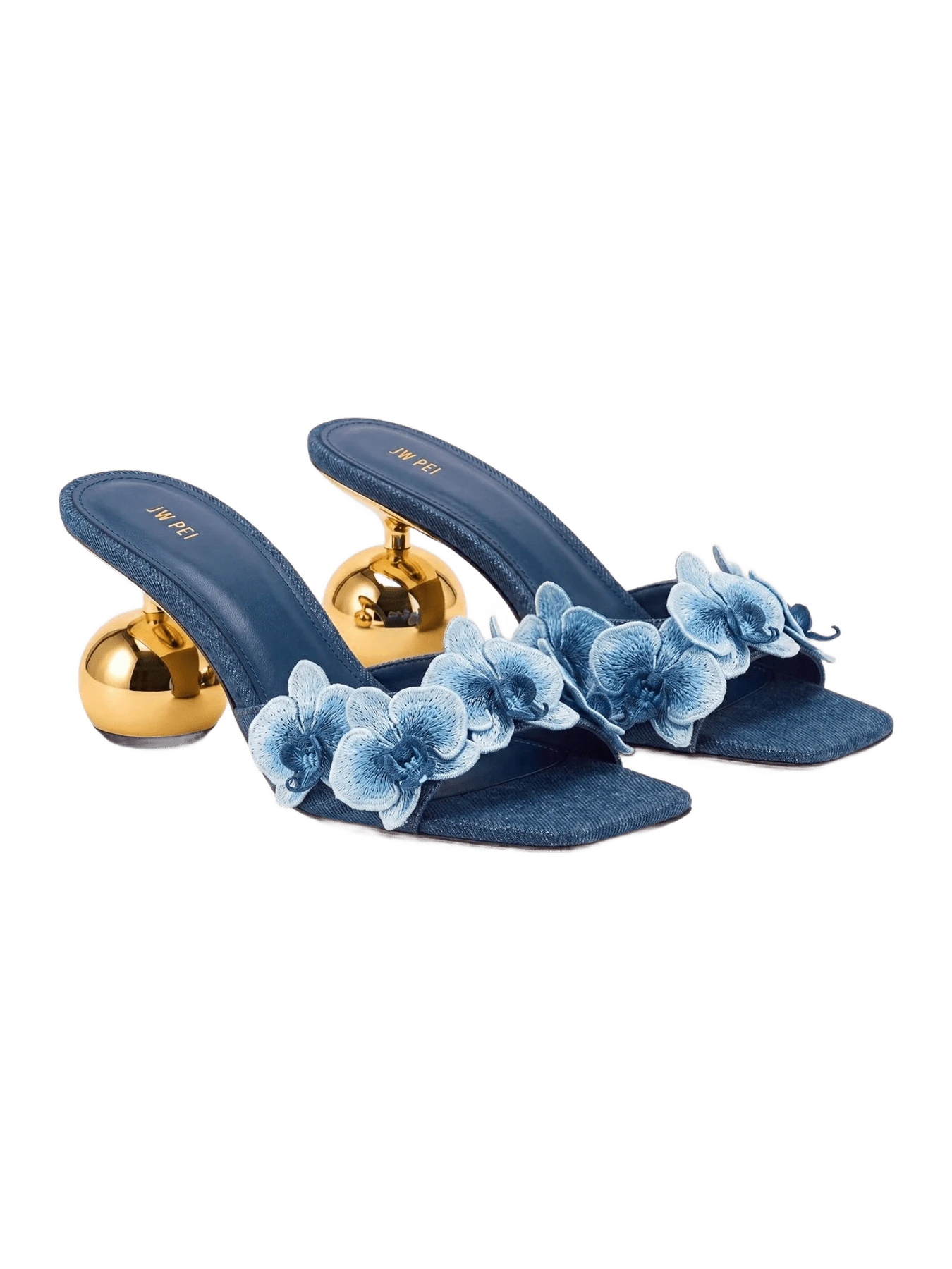 JW Pei Celia Orchid Embroidered Sphere Heel Mules - Denim Blue