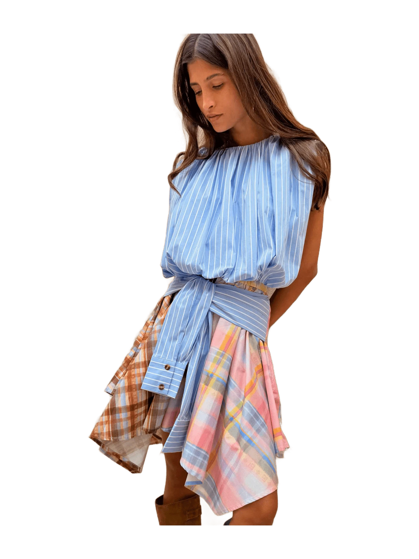 NFD Outlet Check Asymmetric Mini Skirt with Stripe Detail